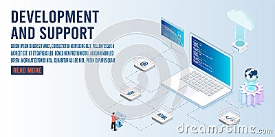 3D isometric development and support concept with Technical support system, System administrator, developer of project team, Vector Illustration