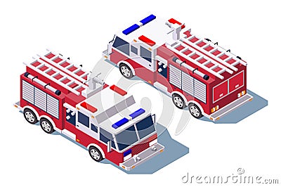 3d isometric fire truck for fire extinguishing. Vector Illustration