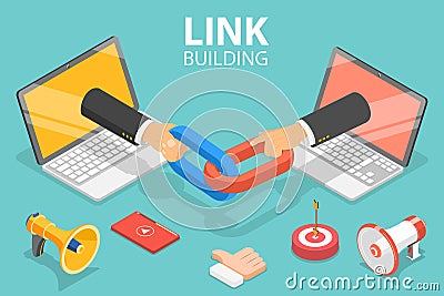 3D Isometric Flat Vector Concept of Link Building, SEO, Backlink Strategy. Vector Illustration