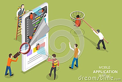 3D Isometric Flat Vector Concept of Mobile App Testing, Quality Assurance. Vector Illustration