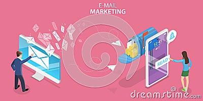 3D Isometric Flat Vector Concept of Mobile Email Marketing. Vector Illustration