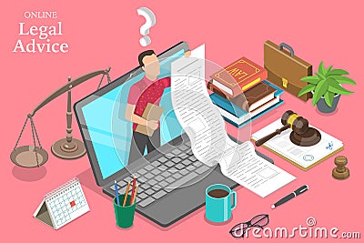 3D Isometric Flat Vector Concept of Online Legal Advice, Law and Justice. Vector Illustration