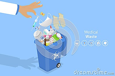 3D Isometric Flat Vector Conceptual Illustration of Biohazardous Medical Waste Disposal Vector Illustration