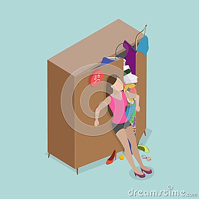 3D Isometric Flat Vector Conceptual Illustration of Bursting Wardrobe Vector Illustration