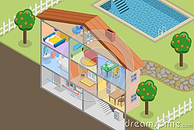 3D Isometric Flat Vector Conceptual Illustration of Contemporary Energy Efficient House Vector Illustration