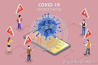 3D Isometric Flat Vector Conceptual Illustration of Coronavirus Contact Tracing App. Vector Illustration