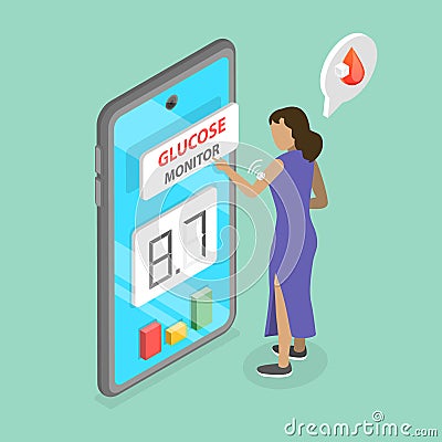 3D Isometric Flat Vector Conceptual Illustration of Glucose Sensor Conveniently Monitor Vector Illustration