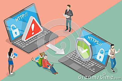 3D Isometric Flat Vector Conceptual Illustration of HTTP Vs HTTPS Protocol Vector Illustration