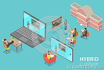 3D Isometric Flat Vector Conceptual Illustration of Hybrid Classroom Vector Illustration