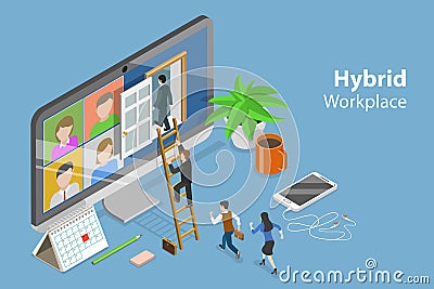 3D Isometric Flat Vector Conceptual Illustration of Hybrid Workplace Vector Illustration