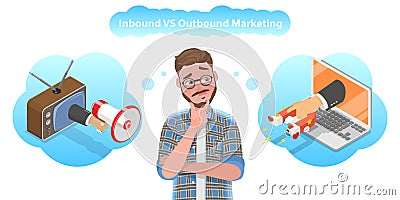 3D Isometric Flat Vector Conceptual Illustration of Inbound vs Outbound Marketing. Vector Illustration