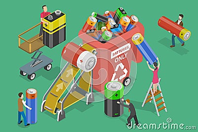 3D Isometric Flat Vector Conceptual Illustration of Proper Handling Used Batteries. Vector Illustration