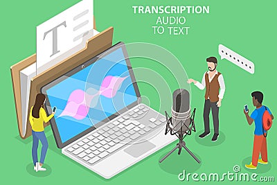 3D Isometric Flat Vector Conceptual Illustration of Transcription Audio to Text Vector Illustration