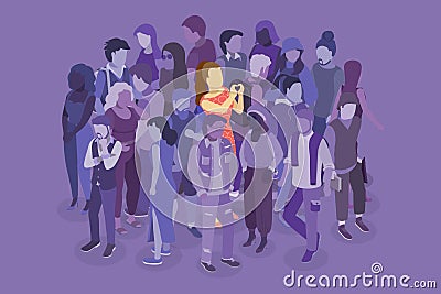 3D Isometric Flat Vector Illustration of Happy Girl In Crowd Vector Illustration