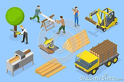 3D Isometric Flat Vector Illustration of Timber Industry Vector Illustration