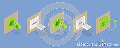 3D Isometric Flat Vector Set of Electric Sockets And Plugs Vector Illustration