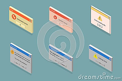 3D Isometric Flat Vector Set of Retro Error Messages Vector Illustration