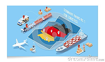 3D isometric Germany Logistics concept with Global Logistics, Warehouse Logistics, Sea Freight Logistics, Export, Import, Cargo, Vector Illustration