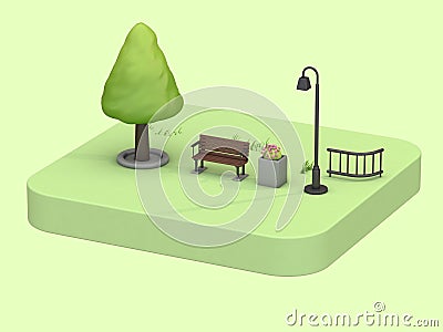 Isometric green parks summer concept with low poly tree chair lamp flowers cartoon style 3d rendering Stock Photo