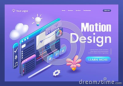 3D Isometric illustration, Cartoon. Animation creation program. Creating video clips, motion design. Trending Landing Vector Illustration
