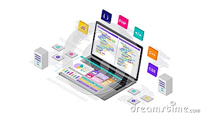 3d Isometric illustration programming website dashboard development Cartoon Illustration
