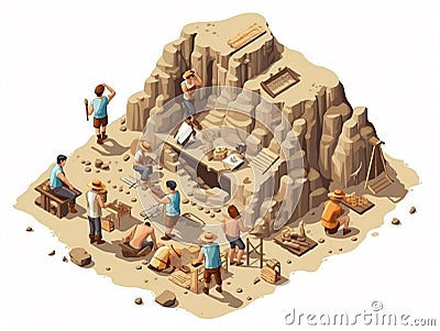 3D isometric illustration of several archaeologists carrying out excavation work at an archaeological site. Cartoon Illustration