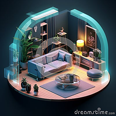 3D Isometric Living Room with Modern Furniture and Blue Couch Stock Photo