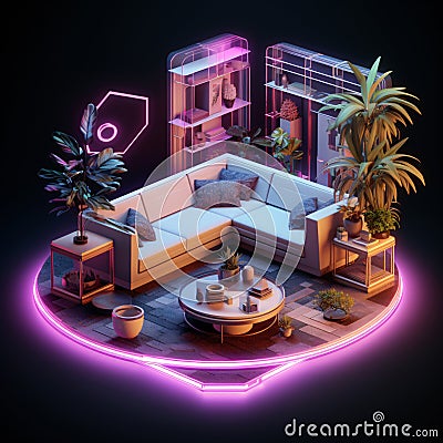 3D Isometric Living Room with Modern Furniture and Blue Couch Stock Photo