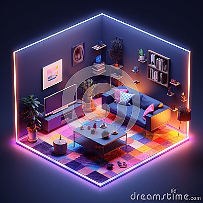 3D Isometric Living Room with Modern Furniture and Blue Couch Stock Photo