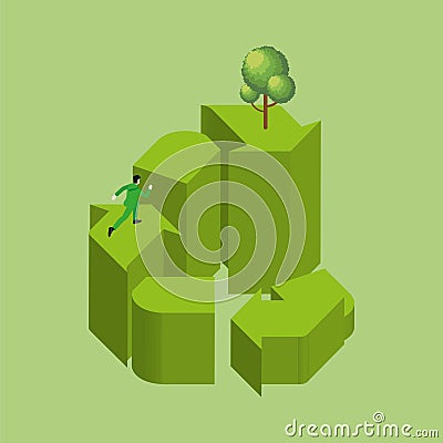 3D Isometric of a man runs on a loop of step RECYCLE Symbol with a tree. Recycling cycle concept Vector Illustration