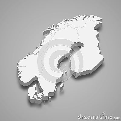 3d isometric map of Scandinavia region, isolated with shadow Vector Illustration