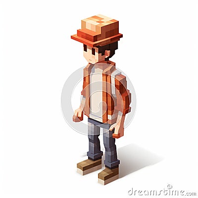 3d Isometric Minecraft Character Model With Street Fashion Hat Stock Photo