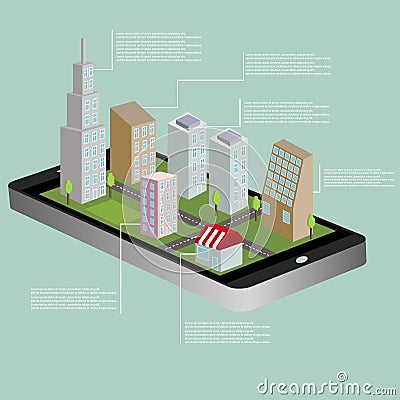 3D isometric navigation map of a small town on the tablet or smart phone. GPS route. Flat isolated vector illustration on city inf Vector Illustration