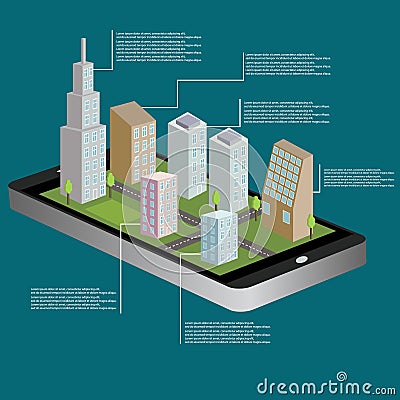 3D isometric navigation map of a small town on the tablet or smart phone. GPS route. Flat isolated vector illustration on city inf Vector Illustration