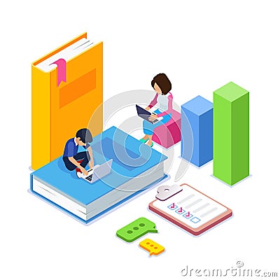 3d Isometric online learning or courses concept. Students or schoolchildren gain knowledge through the Internet using Vector Illustration