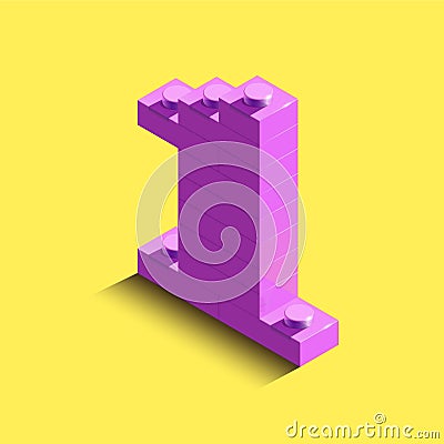 3d isometric pink number One from lego brick on yellow background. 3d number from lego bricks. Realistic number Stock Photo