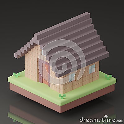 3D isometric pixel house with grass and soil on black ground Stock Photo