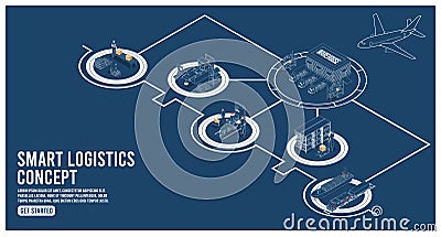 3D isometric Smart logistics concept with Warehouse Logistics and Management, Logistics solutions complete supply chain, Vector Illustration