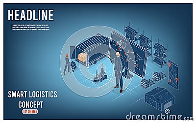 3D isometric Smart logistics concept with Warehouse Logistics and Management, Logistics solutions complete supply chain, Vector Illustration