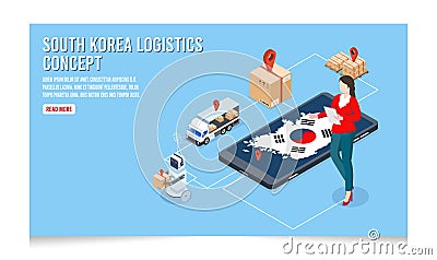 3D isometric South Korea Logistics concept with Global Logistics, Warehouse Logistics, Sea Freight Logistics, Transportation Vector Illustration
