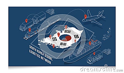 3D isometric South Korea Logistics Network concept with Global Logistics, Warehouse Logistics, Sea Freight Logistics, Export, Vector Illustration