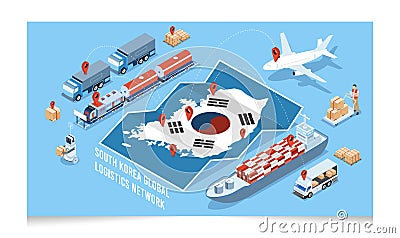 3D isometric South Korea Logistics Network concept with Global Logistics, Warehouse Logistics, Sea Freight Logistics, Export, Vector Illustration