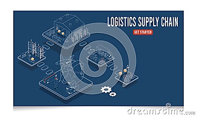 3D isometric Supply Chain Management - SCM concept with Collaborative logistics metaphors, Modern Company Logistics Processes, Vector Illustration