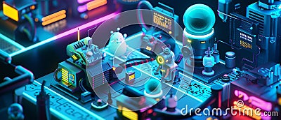 A 3D isometric tech lab in a futuristic setting with neon accents and cute small robots conducting experiments Stock Photo