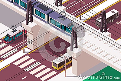 3d isometric urban railway bridge over road in city. Vector Illustration