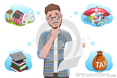 3D Isometric Vector Conceptual Illustration of Upaid Bills or Loan Debt, Money Troubles. Vector Illustration