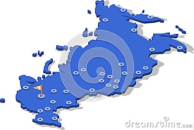 3d isometric view map of Russia with blue surface and cities. Vector Illustration