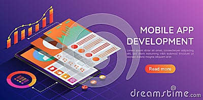Isometric smartphone with mobile application user interface layer Vector Illustration