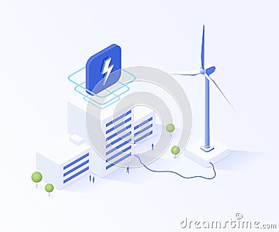 3d isometric wind turbines building electricity. Energy power technology. Green electricity. Wind generator power plant Vector Illustration
