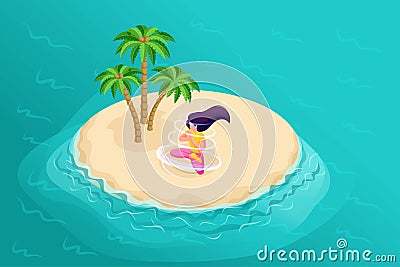 3D isometry, an island in the sea with palm trees, a beautiful girl alone in nature, doing morning meditation. High Vector Illustration